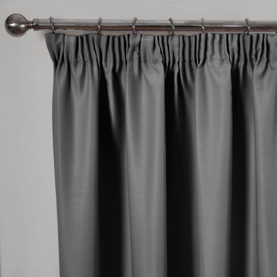 Dreamscene Pencil Pleat Blackout Curtains Set of 2 Thermal Tape Top Heading Panels Ready Made, Charcoal Grey - 46" x 54"