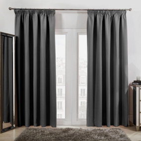 Dreamscene Pencil Pleat Blackout Curtains Set of 2 Thermal Tape Top Heading Panels Ready Made, Charcoal Grey - 66" x 90"
