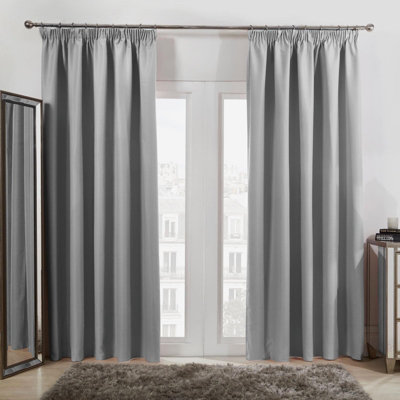 Dreamscene Pencil Pleat Blackout Curtains Set of 2 Thermal Tape Top Heading Panels Ready Made, Silver Grey - Width 46" x Drop 54"