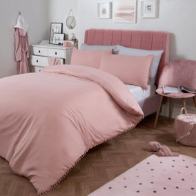 Dreamscene Pom Pom Trim Duvet Cover Pillowcase Bedding Set, Blush - Superking