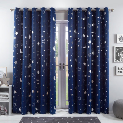 Dreamscene Star Blackout Curtains PAIR Eyelet Ready Made Kids, Navy - 66" x 54