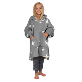 Dreamscene Star Print Oversized Hoodie Blanket Sherpa Fleece Sweatshirt, Charcoal - Kids