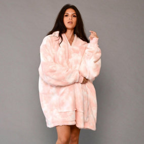 Dreamscene Tie-Dye Hooded Blanket Oversized Wearable Sherpa Fleece, Blush Pink