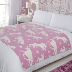 Dreamscene Unicorn Fleece Throw Over Bed Warm Soft Pink Blanket, 120 x 150 cm