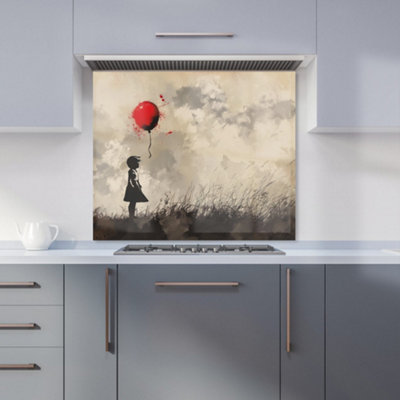 Dreamy Banksy-Inspired Girl with Red Balloon Premium Glass Kitchen Splashback W700mm x H650mm