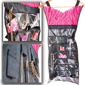 Dress Shaped Jewellery Organiser Tidy - Pink & Black Hanging Wardrobe Storage with 24 Vinyl Pockets & 20 Hanging Loops