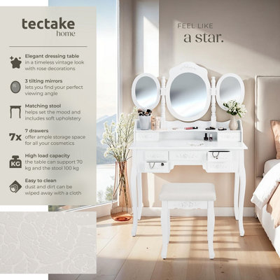 Dressing Table - 7 drawers, 3 mirrors and stool, antique look - white