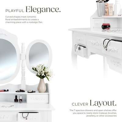 Dressing Table - 7 drawers, 3 mirrors and stool, antique look - white