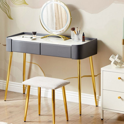 Dressing Table Grey Gold MDF with LED Mirror, 2 Drawers and Stool ...