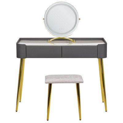 Dressing Table Grey Gold MDF with LED Mirror, 2 Drawers and Stool ...