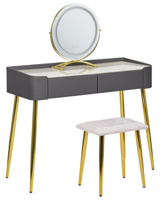 Dressing Table Grey Gold MDF with LED Mirror, 2 Drawers and Stool ...