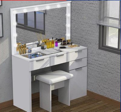 Dressing Table with 3 Colors Hollywood LED Mirror and Glass Top Vanity ...
