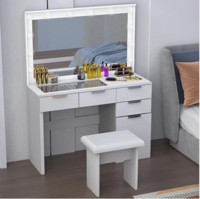 Dressing Table with 3 Colors Hollywood LED Mirror and Glass Top Vanity ...