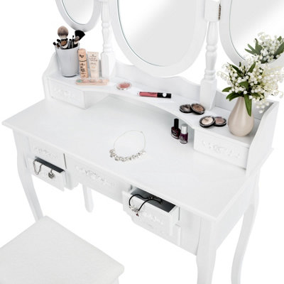 Dressing table with 7 drawers, mirror and stool in an antique look - white