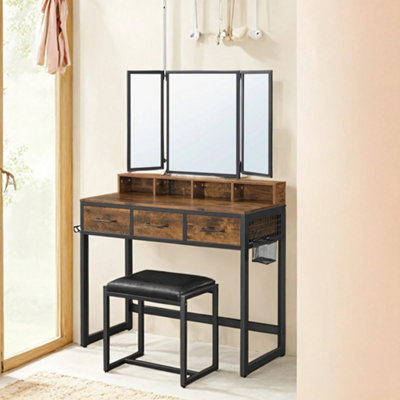 Dressing Table with Mirror and Stool, Vanity Table with Tri-Fold Mirror, 3  Drawers, Industrial Style,
