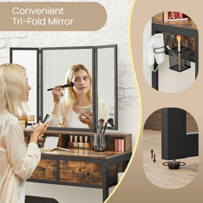 brown dress pink heels Mid-Century Modern Makeup Vanity with Rotating Mirror and Stool, Brown / 47 inch