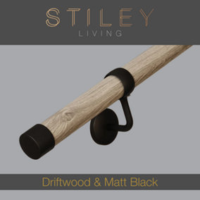 Driftwood Wooden Handrail & Matt Black Bracket 3.6m x 40mm