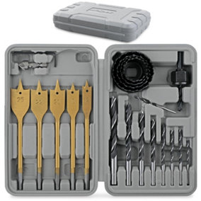 Drill Bit Set for Drill Drivers For Wood Hole Saws, Brad Points & Spade 18 Pc
