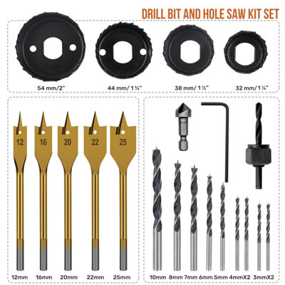Drill Bit Set for Drill Drivers For Wood Hole Saws, Brad Points & Spade ...