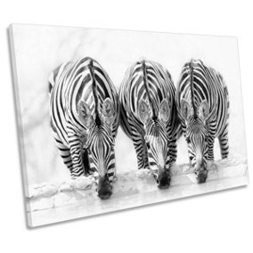 Drinking Zebras Black and White Waterhole CANVAS WALL ART Print Picture (H)30cm x (W)46cm