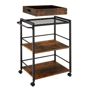 Drinks Trolley Worcester - 3 shelves and removable tray - Industrial wood dark, rustic