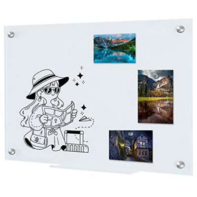 Dry Wipe Magnetic Glass Whiteboard Notice Board 45 x 60 cm for Wall with Pen Tray - White