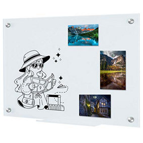 Dry Wipe Magnetic Glass Whiteboard Notice Board 45 x 60 cm for Wall with Pen Tray - White