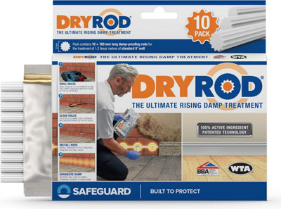 Dryrod Damp Proofing Rods (10 pack) - BBA-Approved Rising Damp Treatment, Stronger than DPC injection creams. Coverage 1.2m