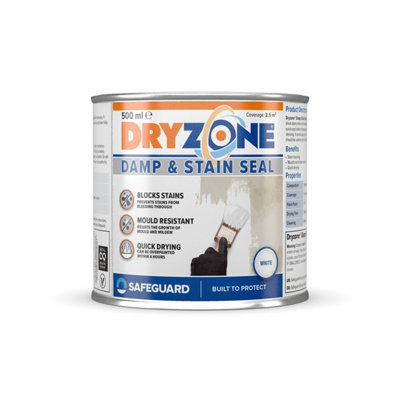 Dryzone White Stain Seal & Damp Proof Paint (500ml, white) - Block Damp, Mould & Stains in One Coat on Interior Surfaces
