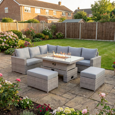 DS Living Large Corner Rattan Dining Set with Rising Firepit Table ...