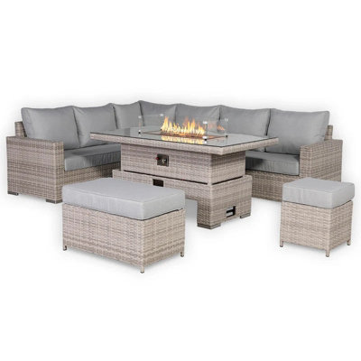 DS Living Large Corner Rattan Dining Set with Rising Firepit Table ...