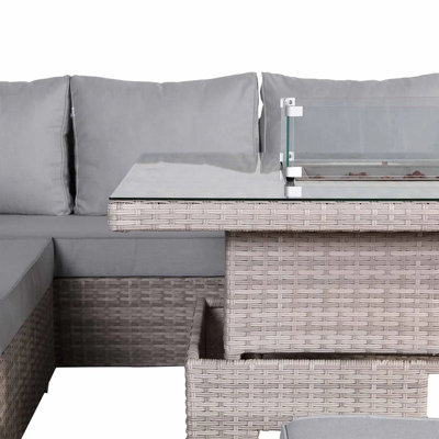DS Living Large Corner Rattan Dining Set with Rising Firepit Table ...