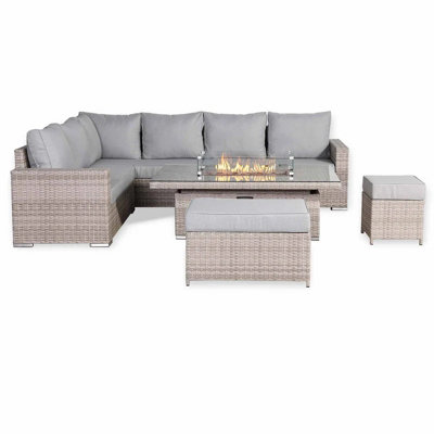 DS Living Large Corner Rattan Dining Set with Rising Firepit Table ...