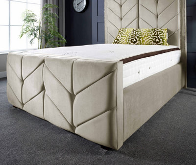 DS Living Milly Chevron Upholstered 6FT Super King Bed Frame in Soft Grey Velvet Fabric