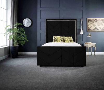 DS Living Milly Chevron Upholstered Soft Touch Black Velvet Luxury Bed Frame 4FT Small Double