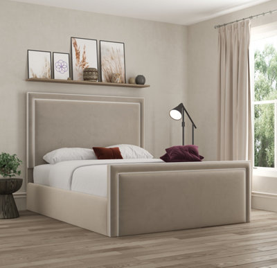 DS Living Verona Pipping Upholstered Bistra Beige Bed with Ottoman Gas Lift