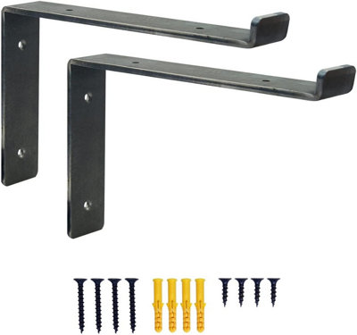 DT Ironcraft Heavy Duty Shelf Brackets for Scaffold Board Shelving - Lip Down 225x150x40mm (1 Pair Raw Steel)