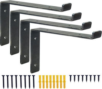 DT Ironcraft Heavy Duty Shelf Brackets for Scaffold Board Shelving - Lip Down 225x150x40mm (2 Pairs Raw Steel)