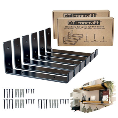 DT Ironcraft Heavy Duty Shelf Brackets for Scaffold Board Shelving - Lip Up 225x100x40mm (3 Pairs Black)