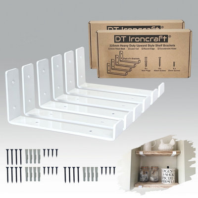 DT Ironcraft Heavy Duty Shelf Brackets for Scaffold Board Shelving - Lip Up 225x100x40mm (3 Pairs White)
