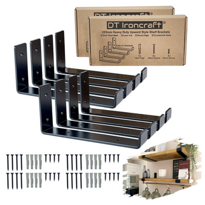 DT Ironcraft Heavy Duty Shelf Brackets for Scaffold Board Shelving - Lip Up 225x100x40mm (4 Pairs Black)