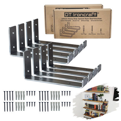 DT Ironcraft Heavy Duty Shelf Brackets for Scaffold Board Shelving - Lip Up 225x100x40mm (4 Pairs Raw Steel)
