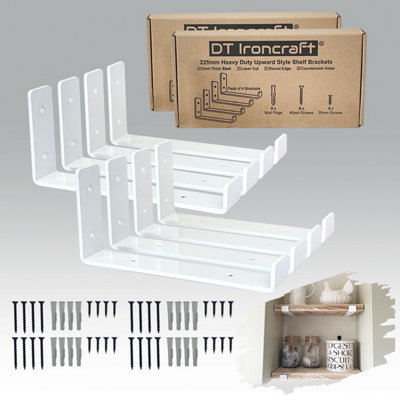 DT Ironcraft Heavy Duty Shelf Brackets for Scaffold Board Shelving - Lip Up 225x100x40mm (4 Pairs White)