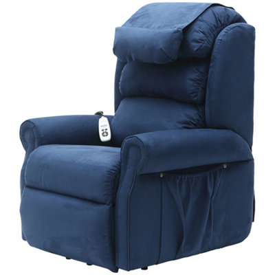 Dual Motor Rise and Recline Armchair - Waterfall Pillow - Blue Suedette Fabric