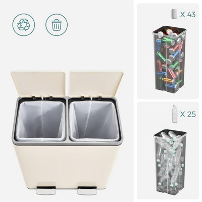 Dual Rubbish Bin, 2 x 30L Recycling Bin, Metal Pedal Bin, with Dual Compartments, Plastic Inner Buckets and Hinged Lids, Handles