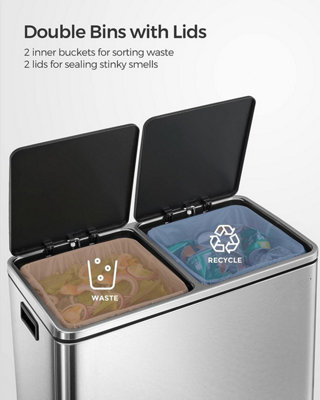 Dual Rubbish Bin, 2 x 30L Trash Can, Metal Step Bin, with Dual Compartments, Plastic Inner Buckets and Hinged Lids, Handles