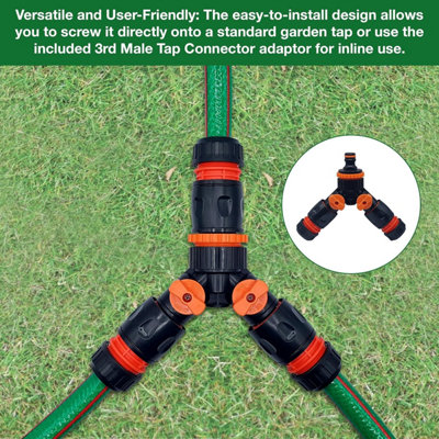 Dual Tap Connector Set - Two Premium Hose End Connectors with 3rd Male Tap Connector Included for Inline Use - Hozelock Compatible - 4