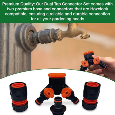 Dual Tap Connector Set - Two Premium Hose End Connectors with 3rd Male Tap Connector Included for Inline Use - Hozelock Compatible - 5