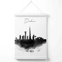 Dubai Watercolour Skyline City Poster with Hanger / 33cm / White