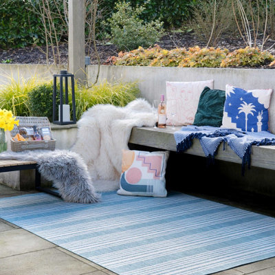 Duck Egg Blue Stripe Flatweave Indoor Outdoor Weatherproof Washable